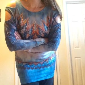 S-Twelve S-12 Fall cold shoulder long sleeve sparkle ikat tunic top women’s S M